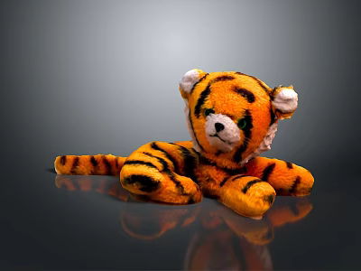 Orange Black Striped Tiger Plush Toy With White Ears Lying On Surface 3d model