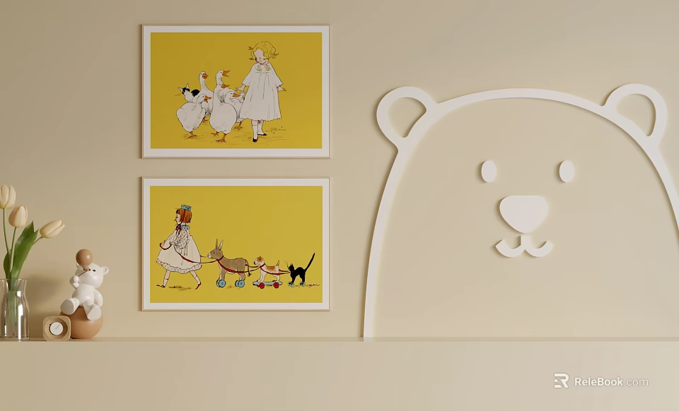 Vibrant Character Paintings With Yellow Background Featuring Animals And Kids Room Decor 3d model 