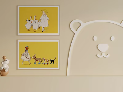 Vibrant Character Paintings With Yellow Background Featuring Animals And Kids Room Decor 3d model