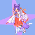 Woman With Purple Hair And Fox Ears In Red Skirt On Blue Background With Purple Star