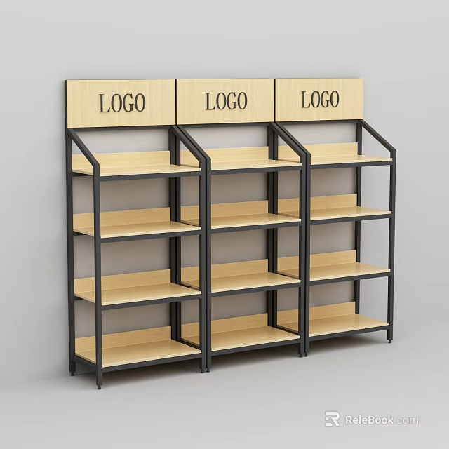 Three Adjacent Display Shelves With Black Metal Frames And Wooden Top Panels With LOGO 3d model 