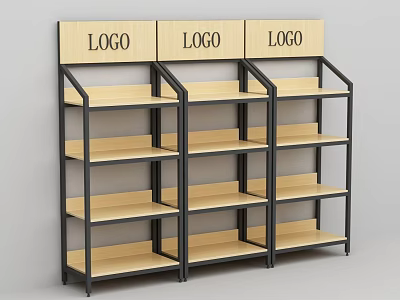 Three Adjacent Display Shelves With Black Metal Frames And Wooden Top Panels With LOGO 3d model