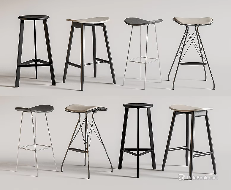 Modern Bar Stools With Various Designs Metal Wooden Frames And Comfortable Seats 3d model 