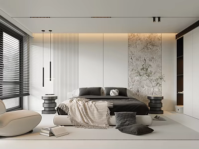 Modern Bedroom Interior Design With Bed Nightstands Blinds Marble Wall Pendant Lights And Throw Pillows 3d model