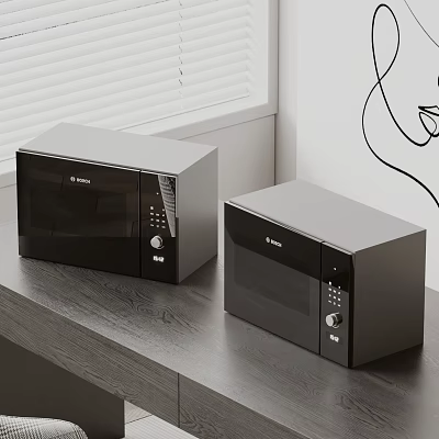 BOSCH Black Kitchen Appliances Microwave And Oven On Wooden Countertop With White Blinds 3d model