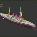 Detailed Historical Warship 3D Model With Turrets Smokestacks Antennas And Reflective Surface