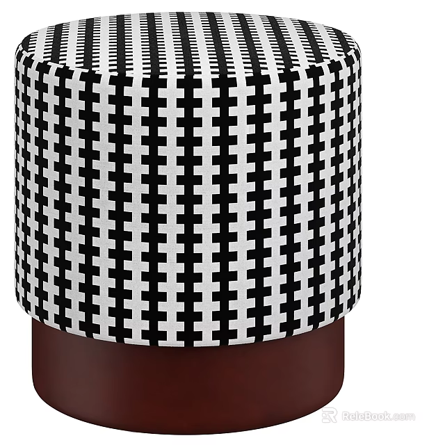 Stylish Black White Checkered Ottoman With Brown Base For Living Room 3d model 