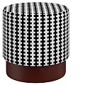 Stylish Black White Checkered Ottoman With Brown Base For Living Room
