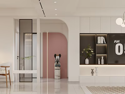 Modern Living Dining Room Interior Design With Pink Arch White Cabinets And Decorative Shelves 3d model