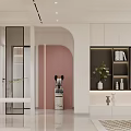 Modern Living Dining Room Interior Design With Pink Arch White Cabinets And Decorative Shelves