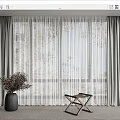 Gray Sheer And Thick Curtains With Tree Shadows In Interior With Vase And Small Table