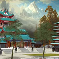 Ancient Chinese Architecture Palace with Green Roofs Red Columns Pagodas Trees and Mountain View