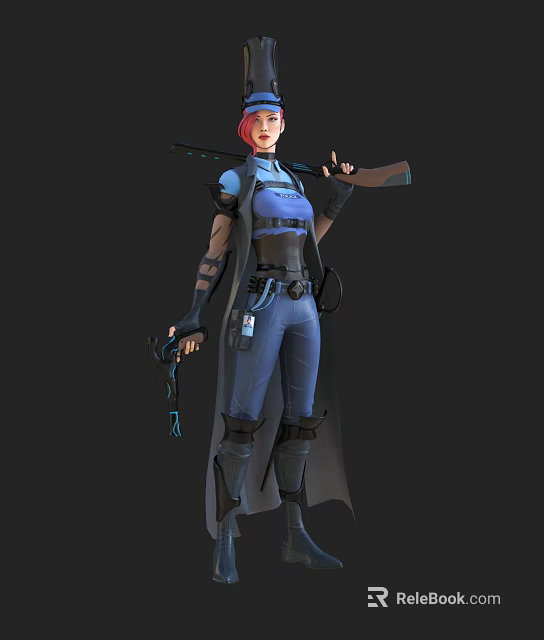 Futuristic Female Combat Character With Red Hair In Blue Tactical Uniform And Weapons 3d model 