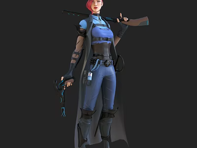 Futuristic Female Combat Character With Red Hair In Blue Tactical Uniform And Weapons 3d model
