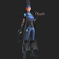 Futuristic Female Combat Character With Red Hair In Blue Tactical Uniform And Weapons
