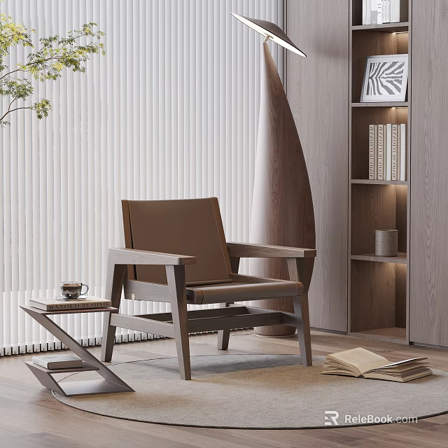 Modern Brown Leisure Chair with Wooden Frame Side Table and Stacked Books in Cozy Interior 3d model 