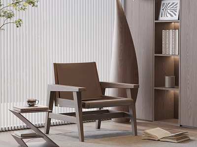 Modern Brown Leisure Chair with Wooden Frame Side Table and Stacked Books in Cozy Interior 3d model