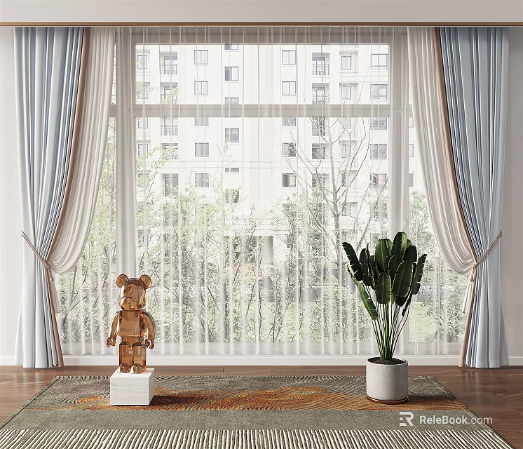 Elegant Curtain Design for Floor to Ceiling Window with Sheer Layer and Green Plant 3d model 