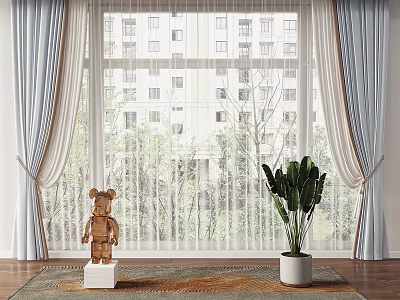 Elegant Curtain Design for Floor to Ceiling Window with Sheer Layer and Green Plant 3d model