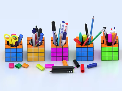 Colorful Writing Pens in Rubik's Cube Holders with Scissors Erasers and White Background 3d model