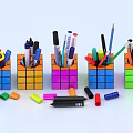 Colorful Writing Pens in Rubik's Cube Holders with Scissors Erasers and White Background
