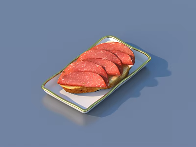 Delicious Salami Slices on Fresh Bread Served on Rectangular White Plate With Green Rim 3d model