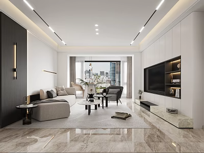 Modern Living and Dining Room Interior Design With Sofa Coffee Table TV Wall And Ambient Lighting 3d model