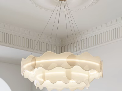 Modern Wave Shaped Cream Colored Chandelier Hanging In Ceiling With Decorative Moldings 3d model