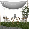 Cozy Outdoor Tent Setting With Wooden Table Chairs String Lights And Plants