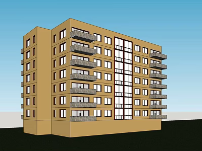 Modern Residential Apartment Building With Yellow Exterior Multiple Balconies And Windows 3d model