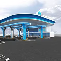 Modern Gas Station Exterior With Blue Canopy Fuel Pumps And Directional Signs