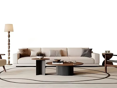 Modern Beige Sofa Set With Cushions Round Coffee Table Floor Lamp And Patterned Rug 3d model