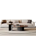 Modern Beige Sofa Set With Cushions Round Coffee Table Floor Lamp And Patterned Rug