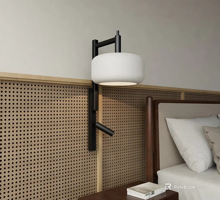 Modern Wall Lamp Mounted On Perforated Wooden Wall Beside Bedroom Bed With Pillows 3d model 