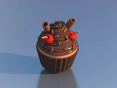 Delicious Chocolate Cupcake Featuring Swirled Frosting Cherries And Chocolate Sticks 3d model
