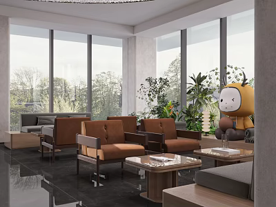 Modern Lounge Area Interior With Brown Sofas Chairs Coffee Tables Large Windows And Green Plants 3d model