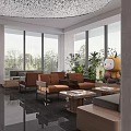 Modern Lounge Area Interior With Brown Sofas Chairs Coffee Tables Large Windows And Green Plants