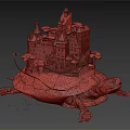 Cartoon Scene of Floating Turtle Carrying Castle with Green Plants and Red Roofs