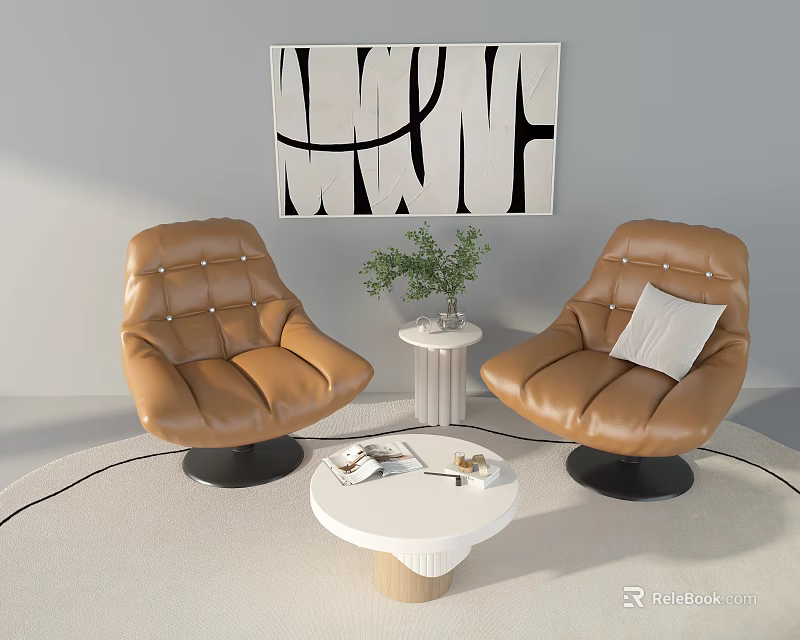Modern Brown Leather Armchairs With Swivel Design Tufted Details Green Plant And Abstract Painting 3d model 