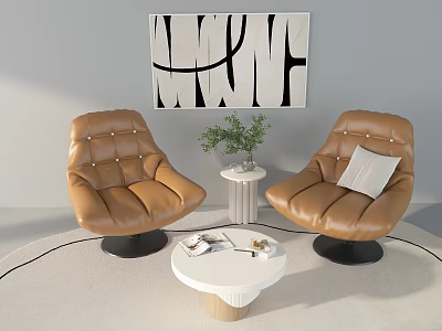 Modern Brown Leather Armchairs With Swivel Design Tufted Details Green Plant And Abstract Painting 3d model