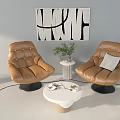 Modern Brown Leather Armchairs With Swivel Design Tufted Details Green Plant And Abstract Painting