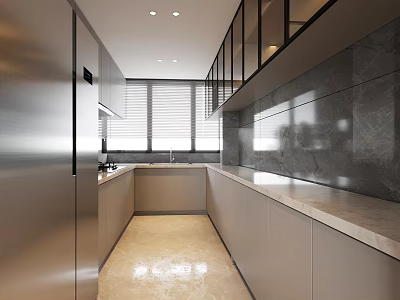 Modern Kitchen Interior Design With Linear Layout Stainless Steel Refrigerator Grey Cabinets And Marble Countertops 3d model