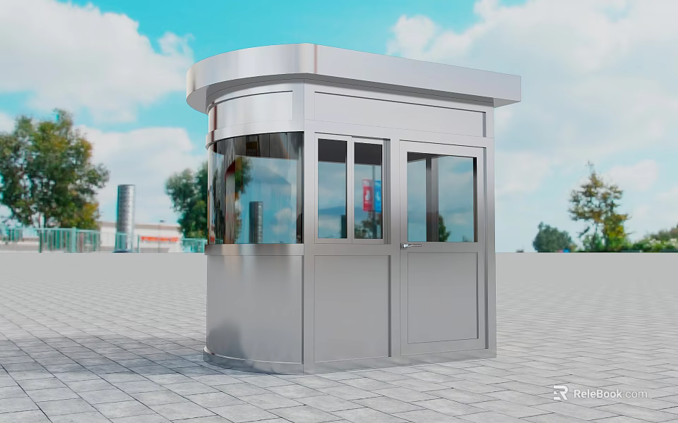 Outdoor Stainless Steel Security Booth With Glass Windows Double Doors And Flat Roof 3d model 