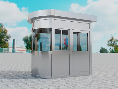 Outdoor Stainless Steel Security Booth With Glass Windows Double Doors And Flat Roof 3d model