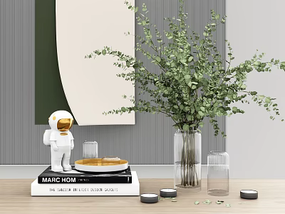 Stylish Decorative Ornament Set with Astronaut Figurine Books Green Foliage Vase And Glass Candles 3d model