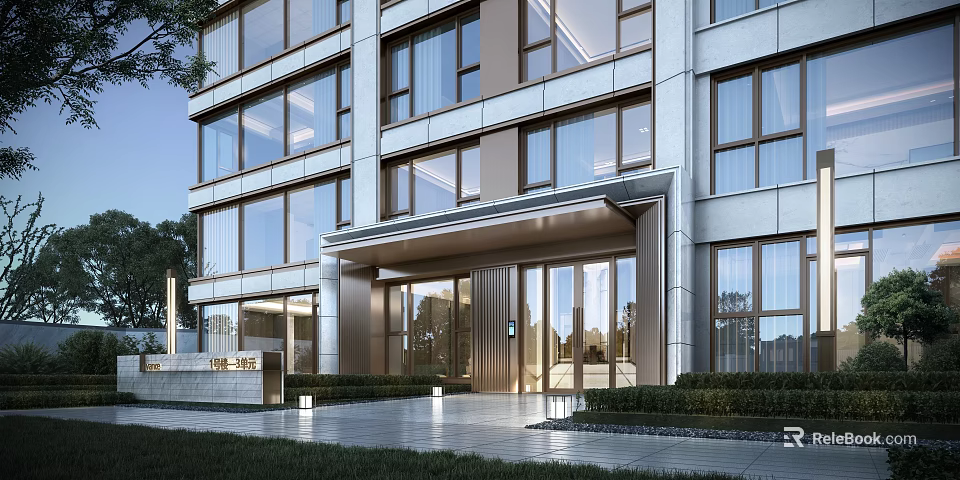 Modern Architectural Facade Entrance With Glass Windows And Metal Frame Design 3d model 