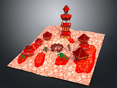 Miniature Sand Table Scene Featuring Red Roof Buildings Tall Tower Palm Trees And Small Figures 3d model