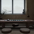 Rustic Tea Table And Chairs With Dry Branch Vases By Window Blinds And Rough Wall