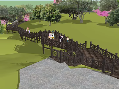 Scenic Wooden Bridge Road Facilities With Pedestrians Green Grass And Pink Flowering Trees 3d model