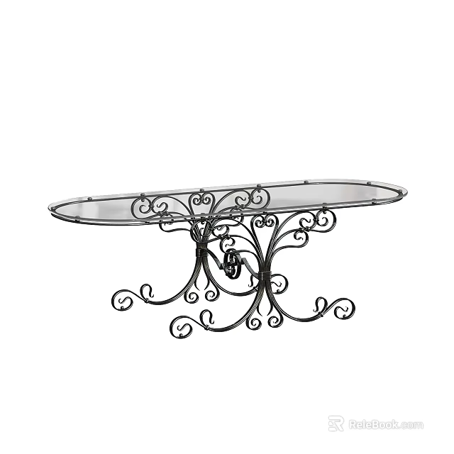 Stylish Outdoor Table With Oval Glass Top And Black Wrought Iron Scrollwork Base For Patio 3d model 